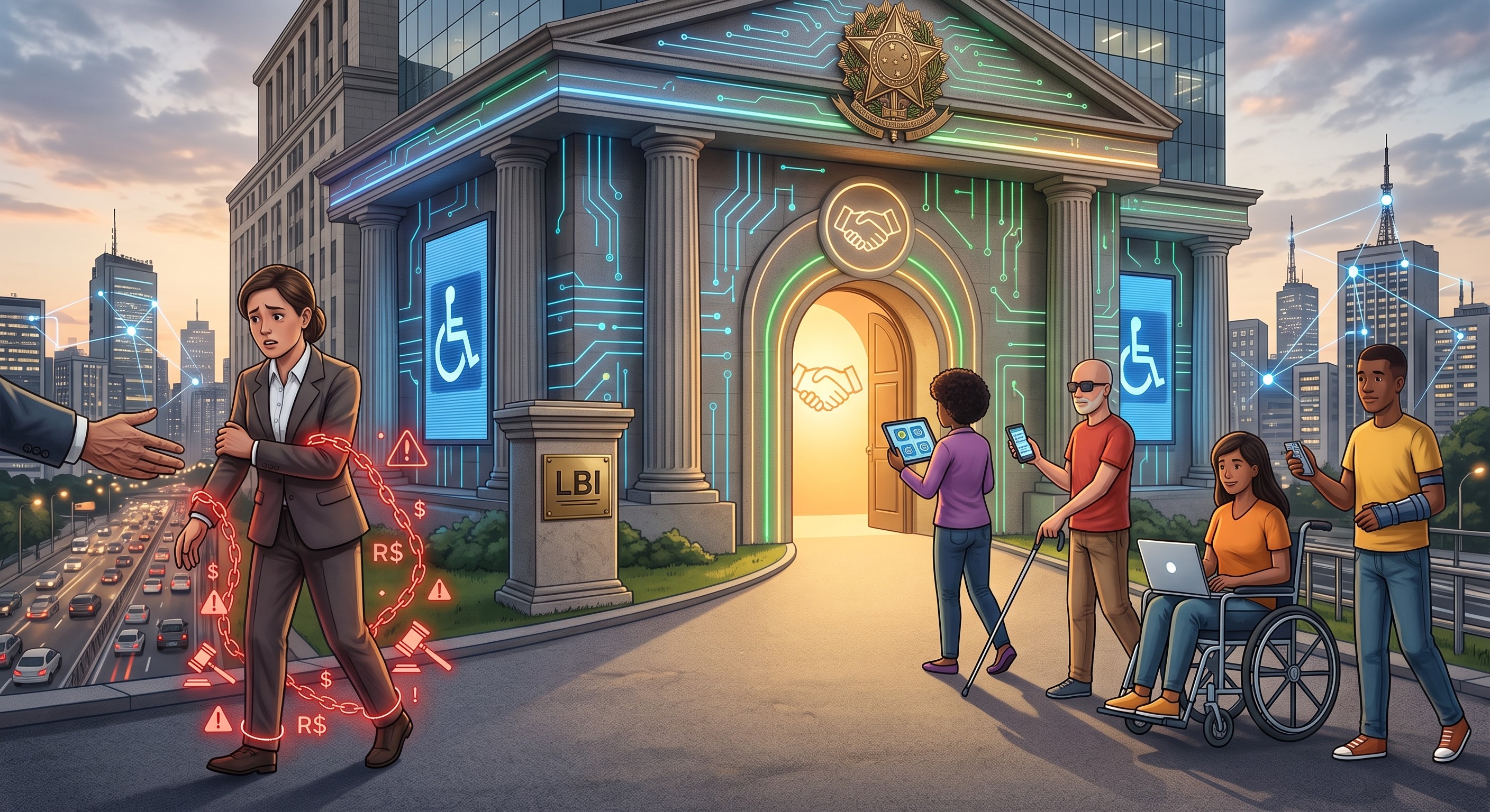 Ilustração realista representando a Lei Brasileira de Inclusão e acessibilidade digital. À direita, um edifício corporativo moderno com luzes de circuitos e pessoas com deficiência acessando dispositivos digitais. À esquerda, uma figura corporativa acompanhada por ícones de alertas jurídicos e correntes, simbolizando riscos e multas por descumprimento legal.
