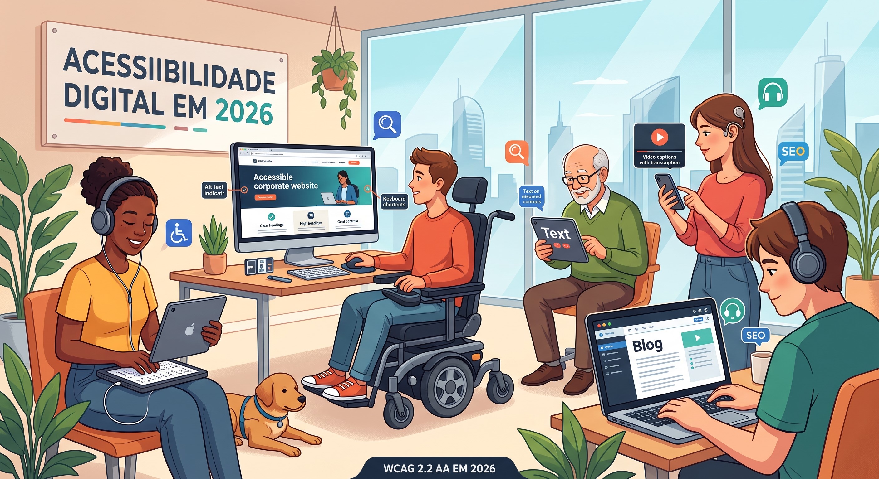 Ilustração de pessoas diversas utilizando tecnologia assistiva em um escritório: um homem em cadeira de rodas no computador, uma mulher usando linha braille ao lado de seu cão-guia, um idoso lendo em um tablet com texto ampliado e uma mulher vendo vídeo legendado no celular. Ao fundo, um painel diz "Acessibilidade Digital em 2026".
