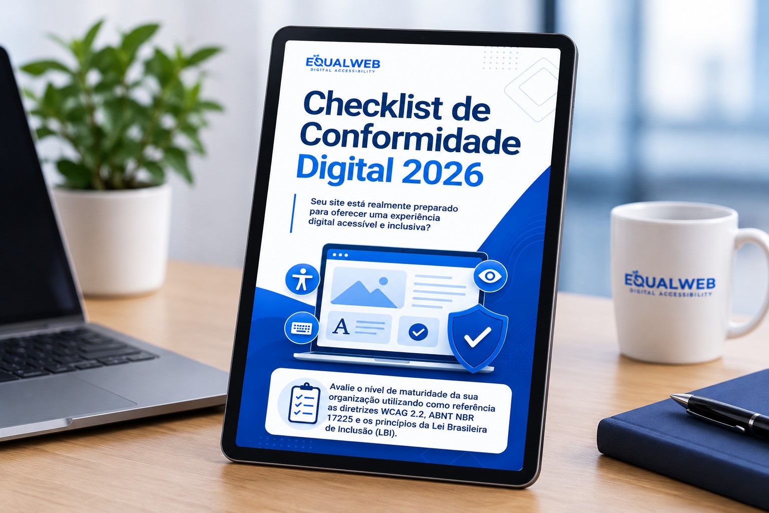 Mockup de um tablet exibindo o e-book “Checklist de Conformidade Digital 2026”, da EqualWeb, sobre uma mesa de escritório. Ao fundo, há um notebook, uma planta e uma caneca com a marca EqualWeb. A capa destaca acessibilidade digital, WCAG 2.2, ABNT NBR 17225 e Lei Brasileira de Inclusão (LBI).