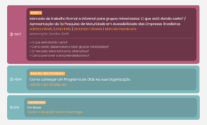 CNDEI. Imagem ilustrando os temas da palestra com o seguinte texto: Painel 1: ESG e a marca empregadora Painel 2: Políticas públicas para diversidade, equidade e inclusão Painel 3: Um olhar pela diversidade em todo brasil Painel 4: Mercado de Trabalho Formal e Informal para grupos minorizados: o que está dando certo?