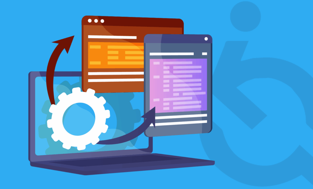 Atualização. Banner de fundo azul claro com a logo da equalweb em um tom de azul do lado direito, já no lado esquerdo temos a ilustração de um notebook com o símbolo de algumas roldanas e páginas da internert.