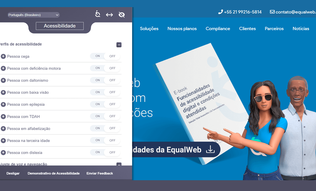  WCAG. Imagem do site da equalweb aberto com a ferramenta da equalweb aberta. 