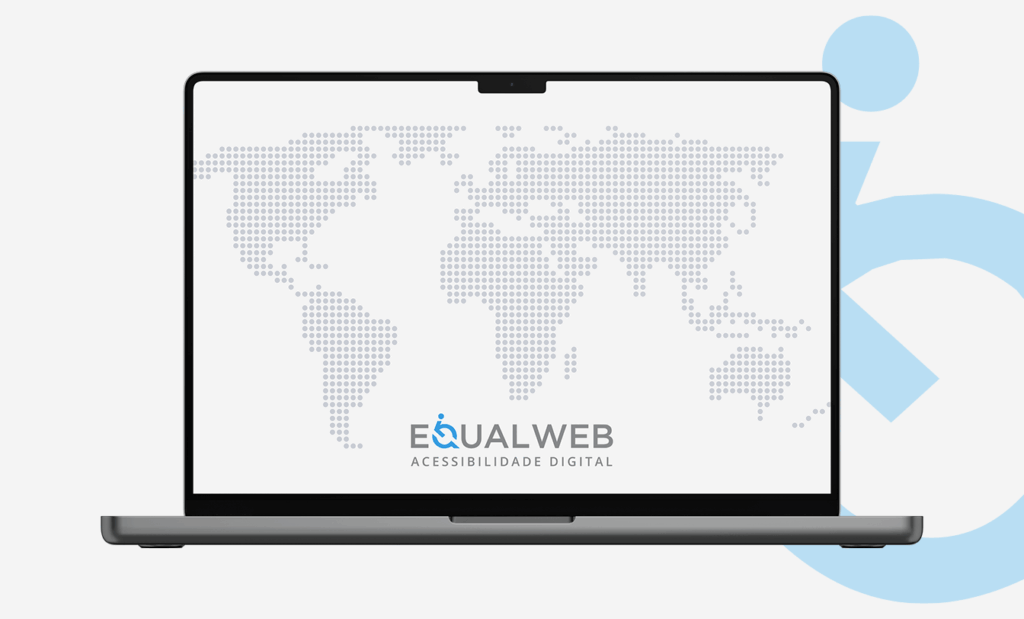 EqualWeb. Imagem de fundo branco com a loogo da Equalweb em azul claro do lado direito. No centro tem a imagem de um mapa-múndi e logo abaixo dele a logo da Equalweb.