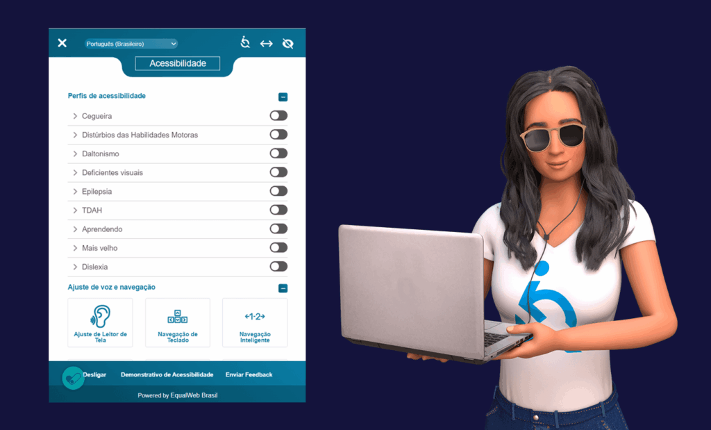 Inclusão. Imagem com um fundo azul. Do lado esquerdo uma foto da ferramenta da EqualWeb mostrando algumas de suas funcionalidades e do lado direito temos a foto da Ewa de óculos escuro, fones de ouvido e segurando um notebook. 
