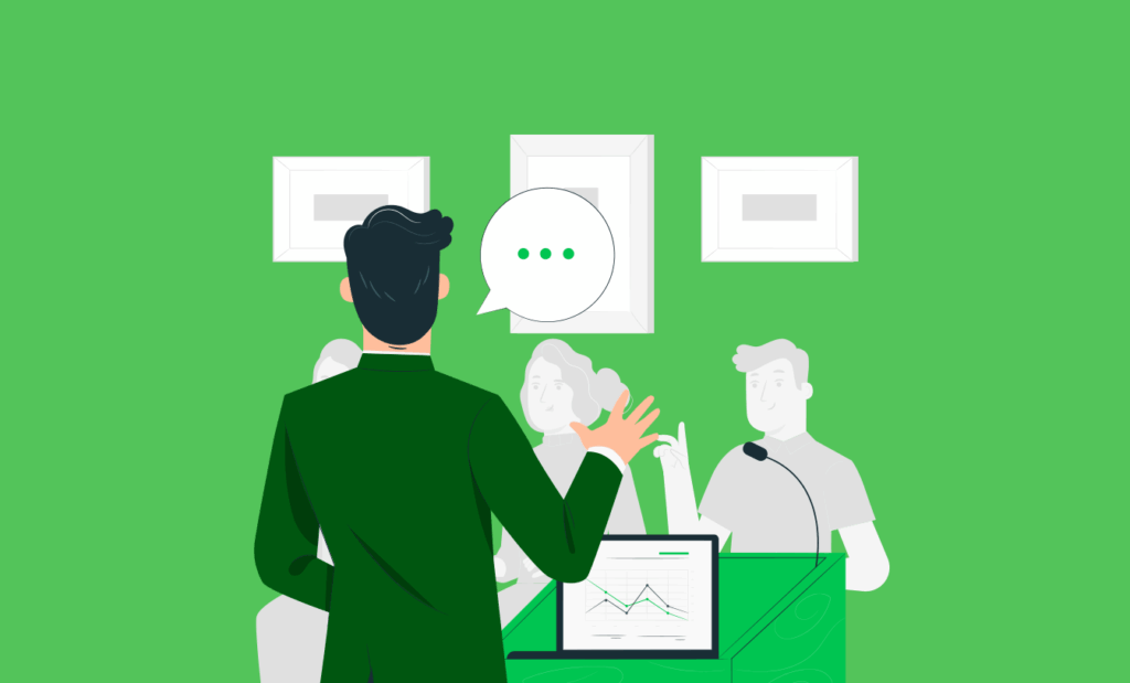 inclusão. Imagem de fundo verde com uma gravura representando um homem falando para uma plateia. O homem tem cabelo preto e usa terno verde e está de costa fazendo uma apresentação.