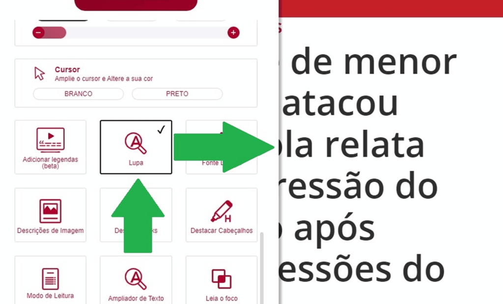 Band. Imagem do portal da Band com a ferramenta da equalweb aberta com a funcionalidade lupa aberta. 
