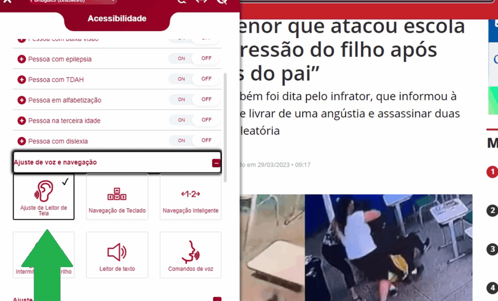 Band. Imagem do portal da Band com a ferramenta da equalweb aberta e a funcionalidade de ajuste de voz e navegação. 