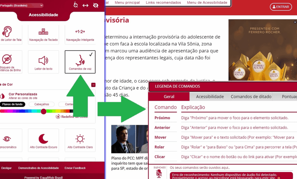 Band. Imagem do portal da Band com a ferramenta da equalweb aberta com a funcionalidade comando de voz aberta