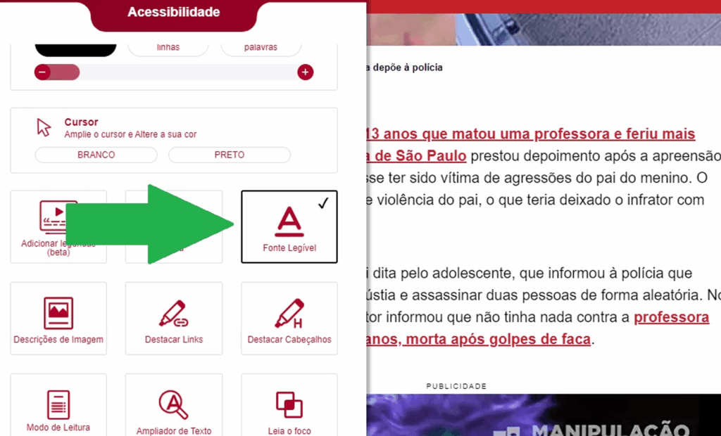 Band. Imagem do portal da Band com a ferramenta da equalweb aberta com a funcionalidade fonte legível aberta 