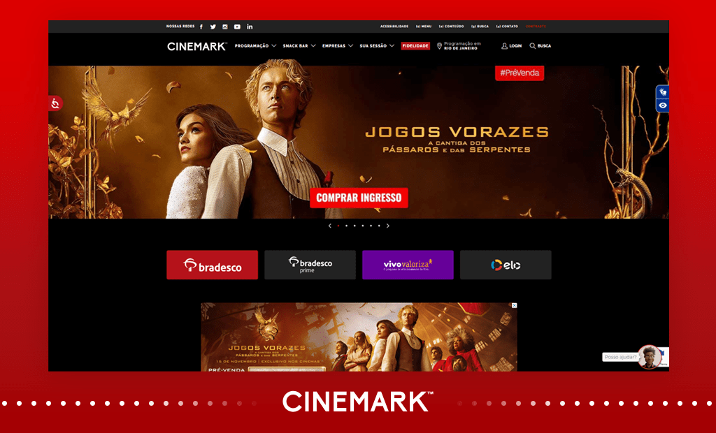 Empresas. Imagem da tela inicial do site da cinemark