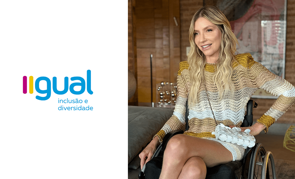 À esquerda, temos o logotipo da Iigual inclusão e diversidade e, à direita, a foto de Andrea Schwarz, representando a liderança feminina da iigual. Sua descrição física é de uma mulher branca com cabelos loiros, cadeirante, vestindo um vestido branco.